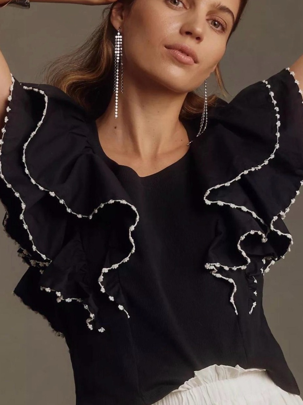 Mark New York Black Top with White Scalloped Lace Trim size M